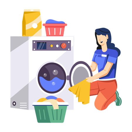 Woman Washing Clothes in washing machine  Illustration