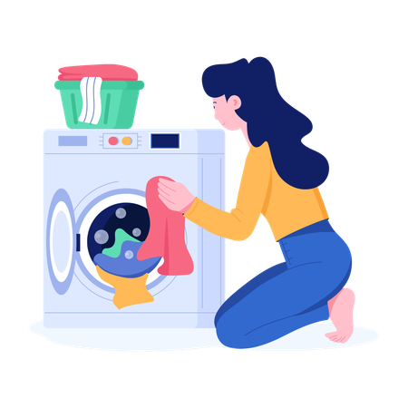 Woman Washing Clothes in washing machine  Illustration