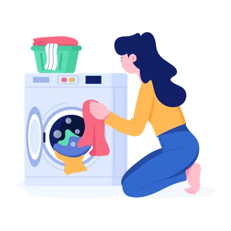 Woman Washing Clothes in washing machine  Illustration