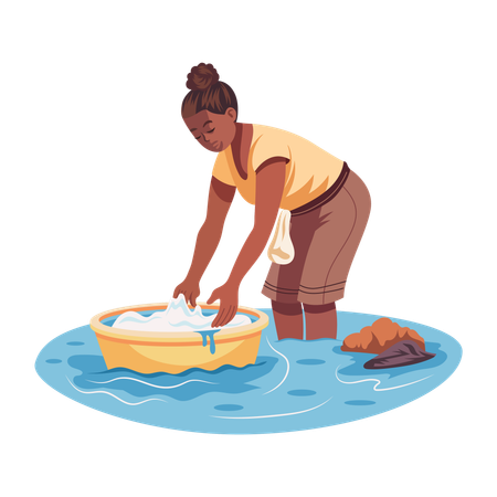 Woman Washing Clothes in river  Illustration