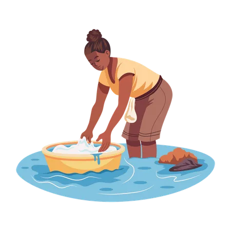 Woman Washing Clothes in river  Illustration