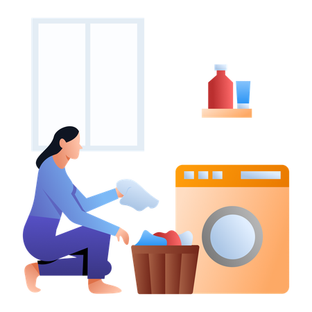 Woman Washing Clothes in washing machine  Illustration
