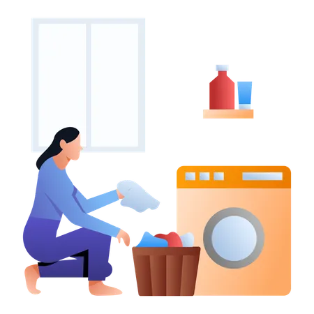 洗濯機で洗濯をする女性  イラスト