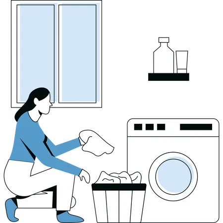세탁기에서 옷을 세탁하는 여자  일러스트레이션