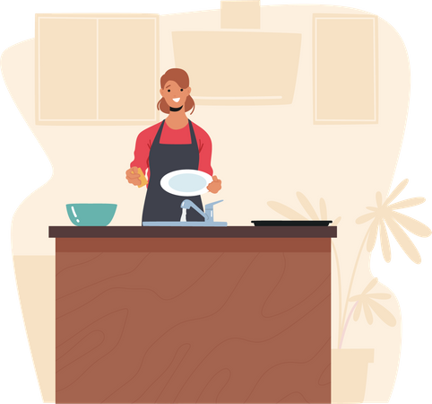 Woman washing dishes at the sink Illustration