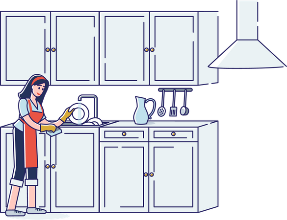 Woman washing dishes in the sink  イラスト