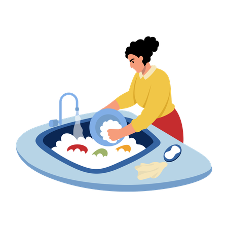 Woman washing dishes utensils in sink  Illustration