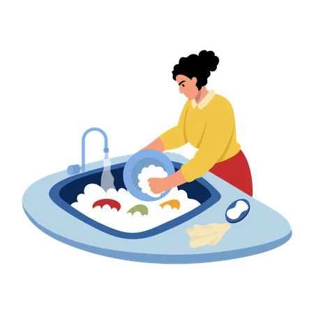Woman washing dishes utensils in sink  Illustration
