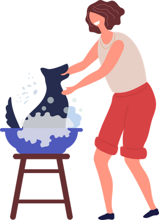 Woman washing dog  イラスト