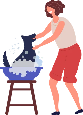 Woman washing dog  イラスト