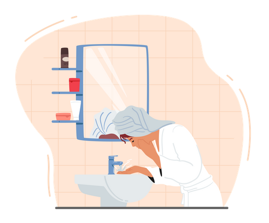 Woman Washing Face In The Sink Illustration