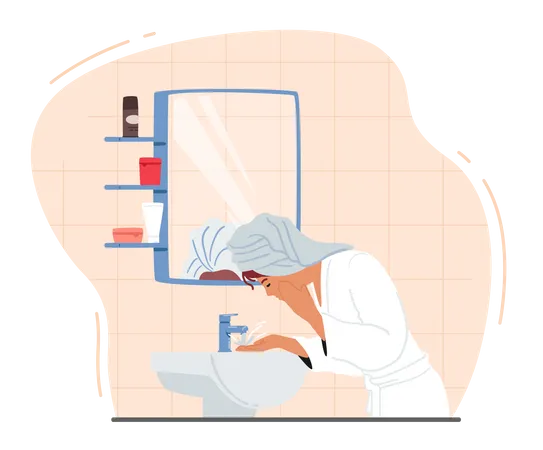 Young Female Character Washing Face Stand Front Of Mirror And Sink In Bathroom Girl In Towel And Robe Applying Facial Skin Care Or Hygiene Procedures Morning Routine Cartoon Vector Illustration 일러스트레이션