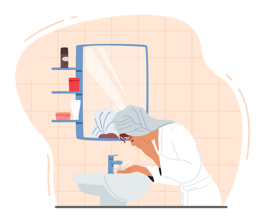 Woman Washing Face In The Sink  Illustration