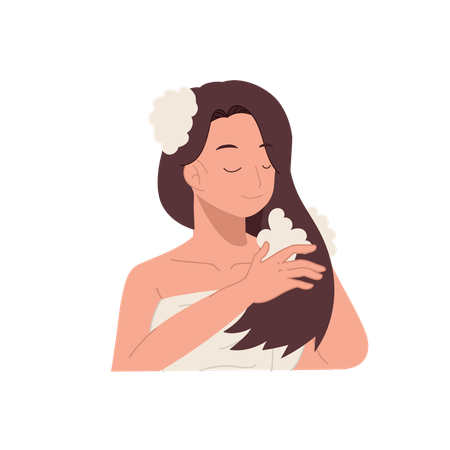 Woman washing hair with foamy shampoo in refreshing shower hair care hygiene and wellness  Illustration