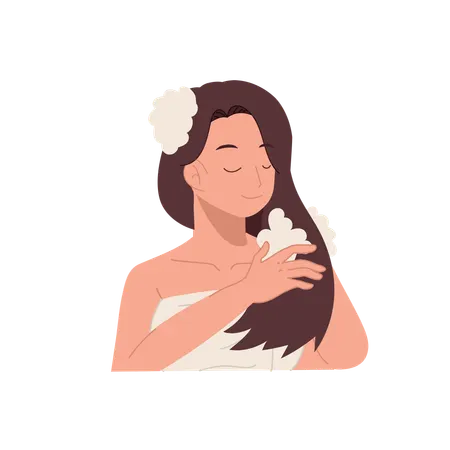 Woman washing hair with foamy shampoo in refreshing shower hair care hygiene and wellness  Illustration