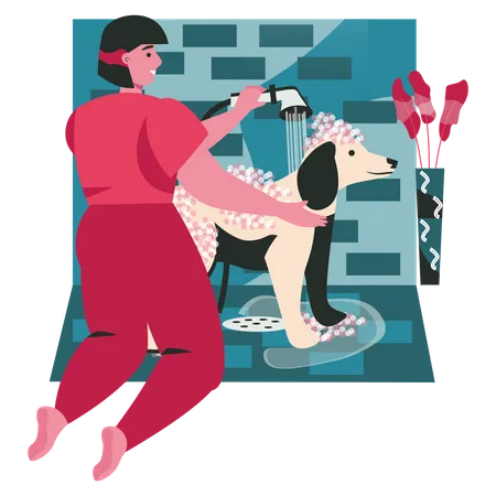 Woman washing his dog in bathroom  Illustration