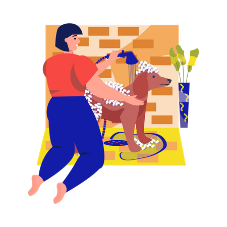 Woman washing his dog in bathroom  Illustration