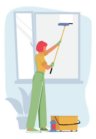 Woman washing window panel  Illustration