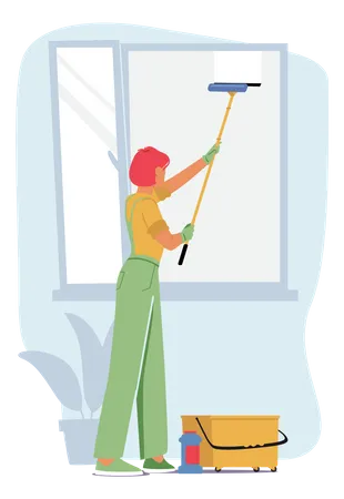 Woman washing window panel  Illustration