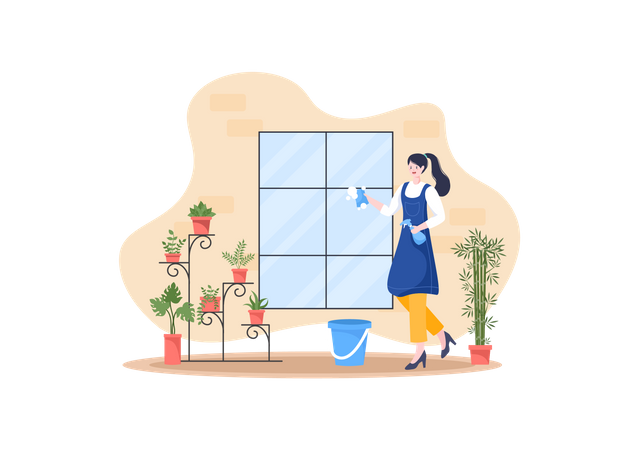 Woman washing window panel  Illustration