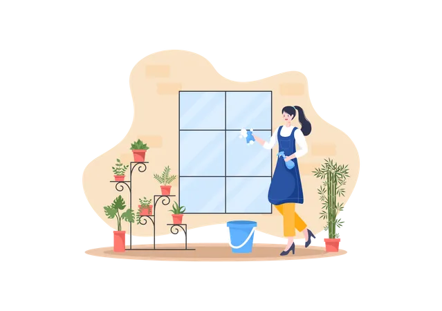 Woman washing window panel  Illustration