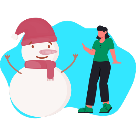 Woman watching adorable snowman in park  Illustration