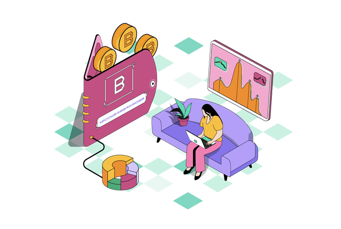 ビットコイン分析をしながらビットコインウォレットを見ている女性  イラスト