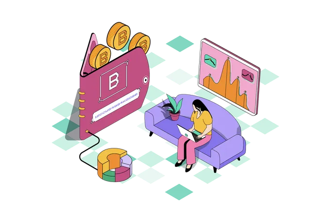 ビットコイン分析をしながらビットコインウォレットを見ている女性  イラスト
