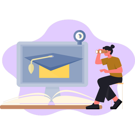 Woman watching degree hat online  Illustration