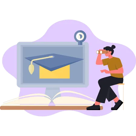 Woman watching degree hat online  Illustration