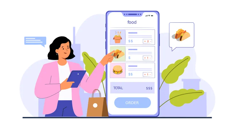 Woman watching food menu while checkout food order using food application  Illustration