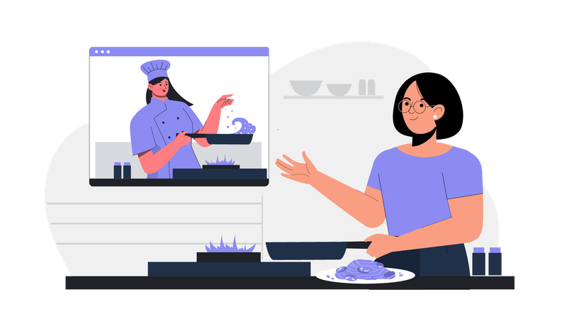 Woman Watching Food Video and Cooking Food  Illustration