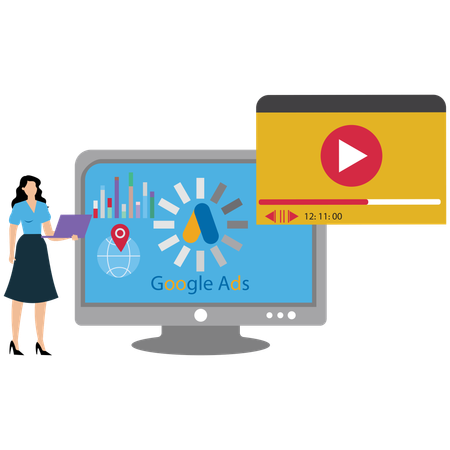 Woman Watching google ads video  Illustration
