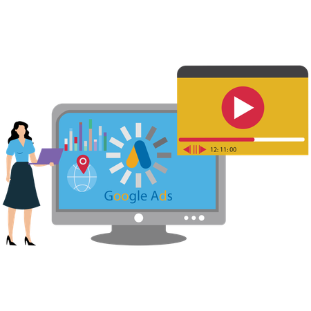 Woman Watching google ads video  Illustration