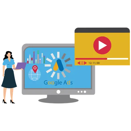 Woman Watching google ads video  Illustration