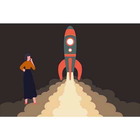 Woman watching launch of spaceship  Illustration