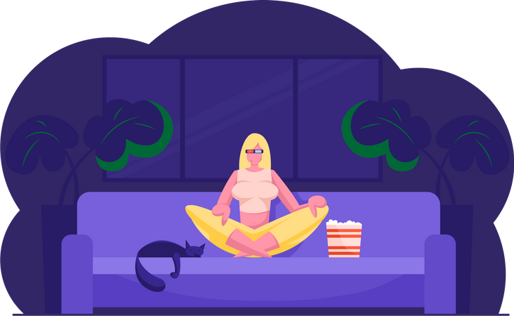 Woman Watching Movie and Relaxing at Home  Illustration