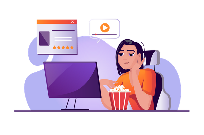 Woman watching movie on computer Illustration