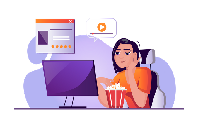 Woman watching movie on computer  Illustration