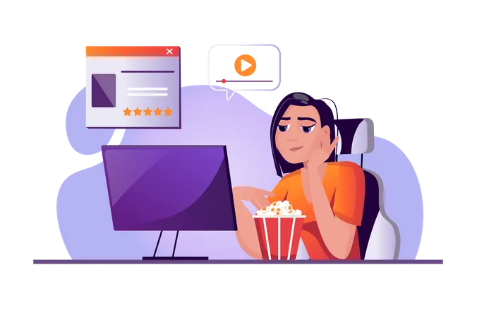 Woman watching movie on computer  Illustration