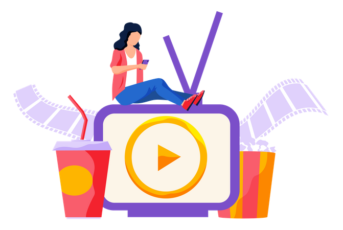 Woman watching movie online on mobile  Illustration