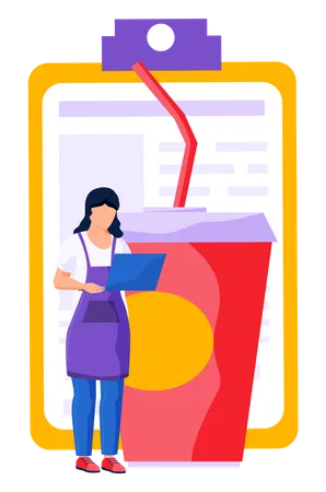 A Woman In An Apron Standing With A Laptop In Her Hands Is Working Or Studying On Her Computer A Huge Paper Cup With A Cocktail Behind The Girl Folder With Text And Information On The Background Illustration
