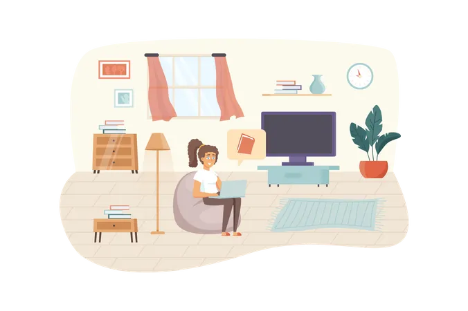 Woman watching online course or reading e-book at laptop sitting in living room  Illustration