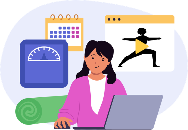 Woman watching online fitness tutorial  Illustration