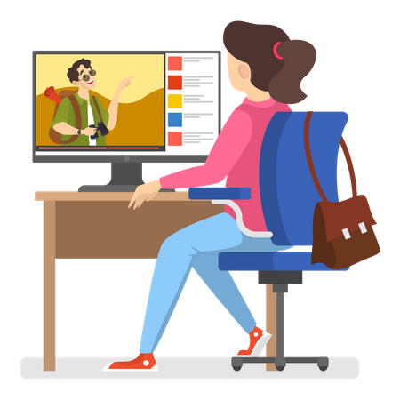 Woman watching online travel vlog Illustration