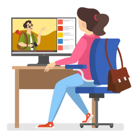 Woman Sitting At Desk And Watch Video Blogger On The Computer Female Person Listen To The Internet Celebrity Isolated Vector Illustration In Cartoon Style Illustration