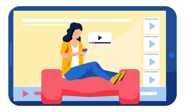 Woman With Mobile Phone Using And Watching Streaming Service Sitting On The Couch Dumbbell Video Player With A Lesson For Remote Viewing About Sports And Bodybuilding For Girls Vector Illustration Illustration