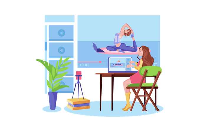Woman watching online yoga tutorial video  Illustration