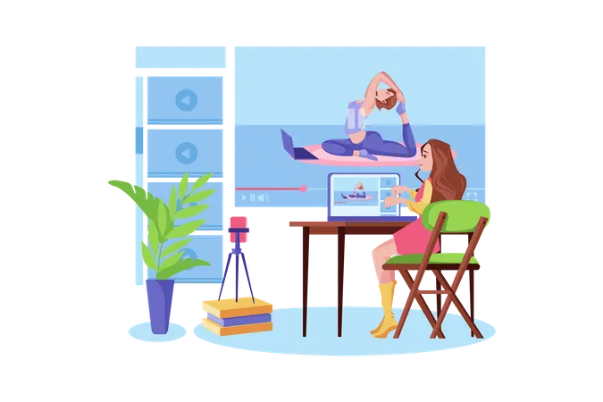 Woman watching online yoga tutorial video  Illustration