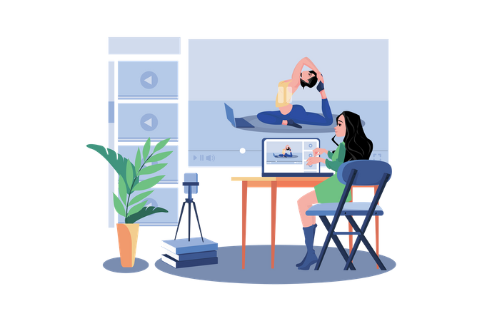 Woman watching online yoga tutorial video  Illustration